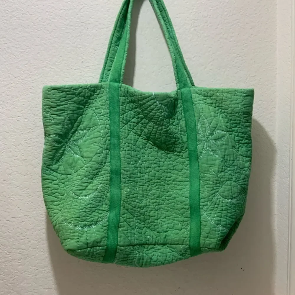 Large Quilted floral open tote bag green white stitches